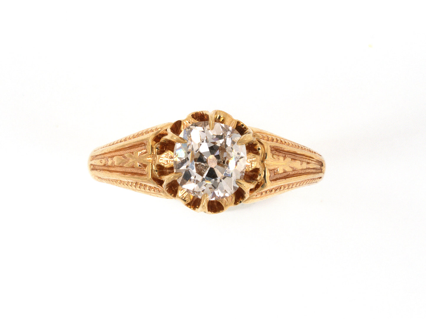 91620 - SOLD - Gold Diamond Antique-Style Carved Chased Scalloped Solitaire Ring