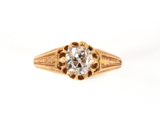 91620 - SOLD - Gold Diamond Antique-Style Carved Chased Scalloped Solitaire Ring
