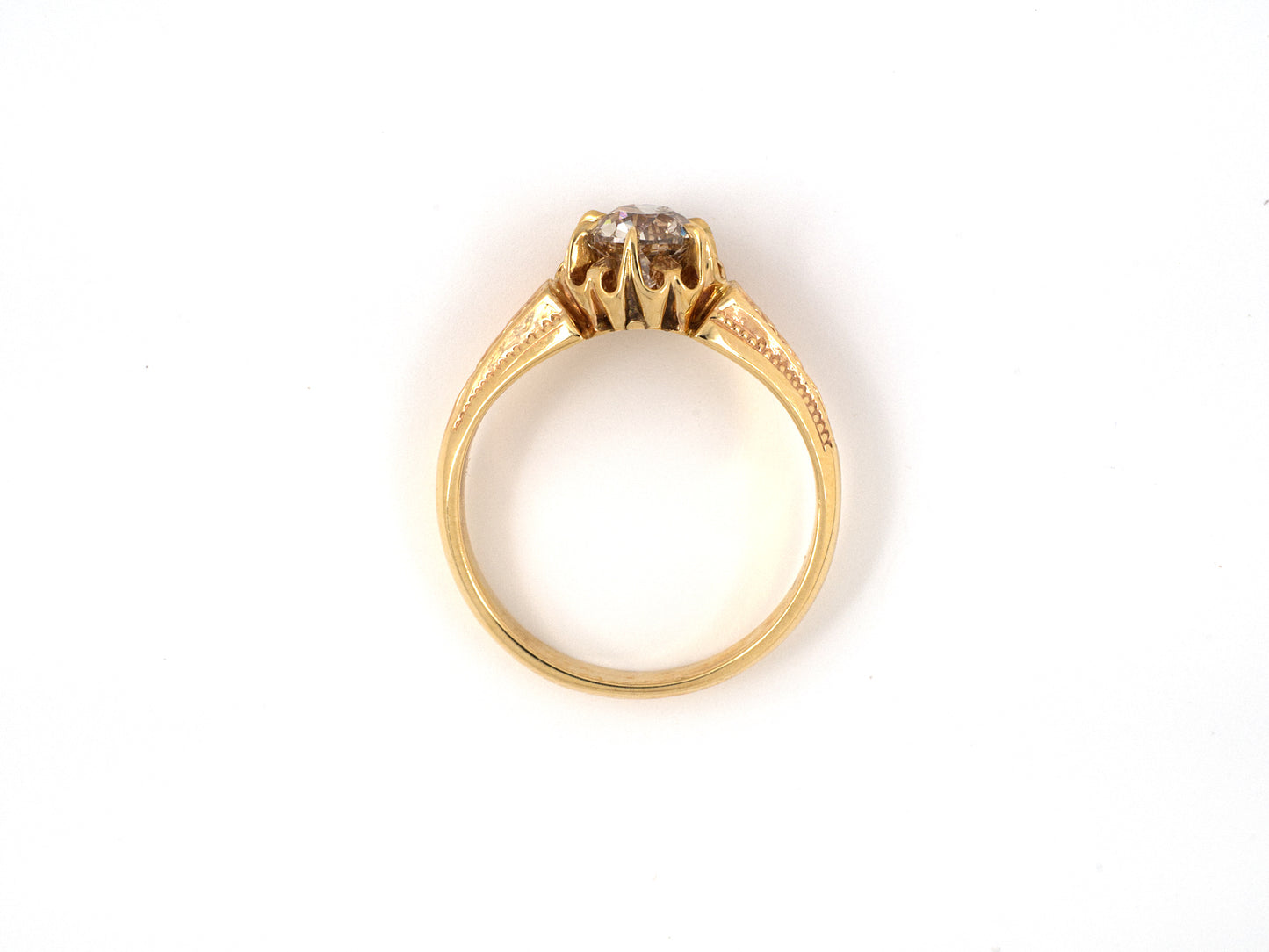 91620 - SOLD - Gold Diamond Antique-Style Carved Chased Scalloped Solitaire Ring
