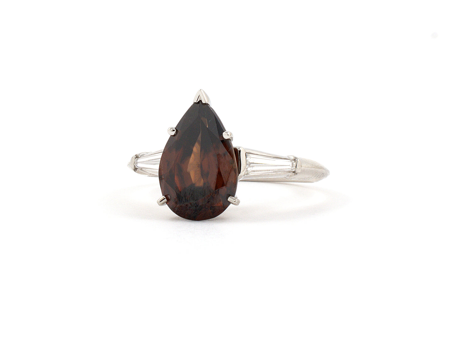 93366 - Platinum Pear Shape Garnet Tapered Baguette Diamond Engagement Ring