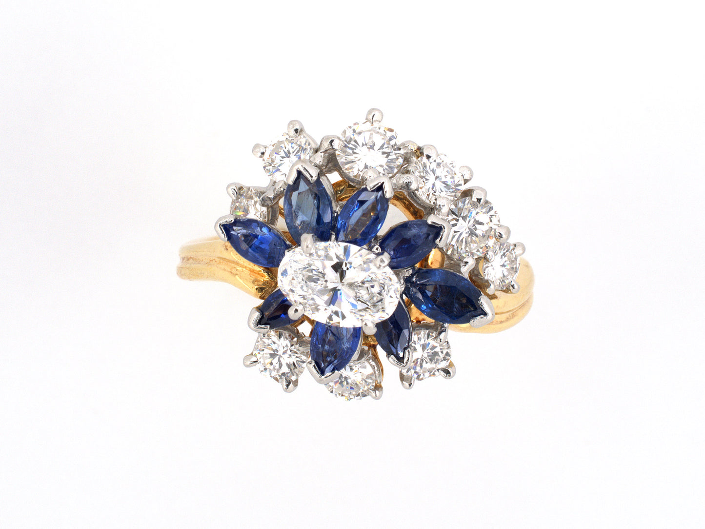 93472 - SOLD - Circa 1967 Oscar Heyman Platinum Gold Sapphire Diamond Cluster Twist Ring