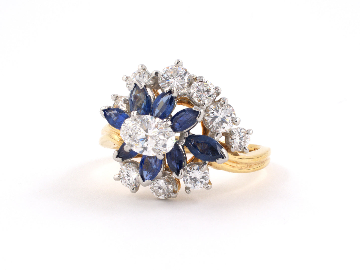 93472 - SOLD - Circa 1967 Oscar Heyman Platinum Gold Sapphire Diamond Cluster Twist Ring