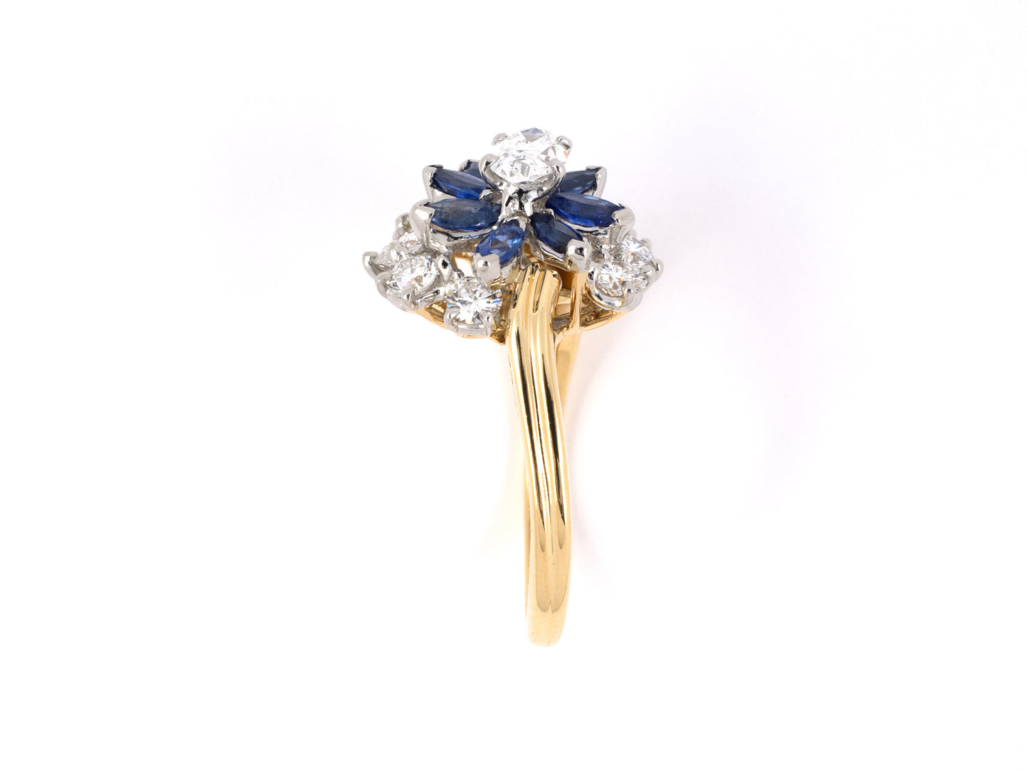 93472 - SOLD - Circa 1967 Oscar Heyman Platinum Gold Sapphire Diamond Cluster Twist Ring