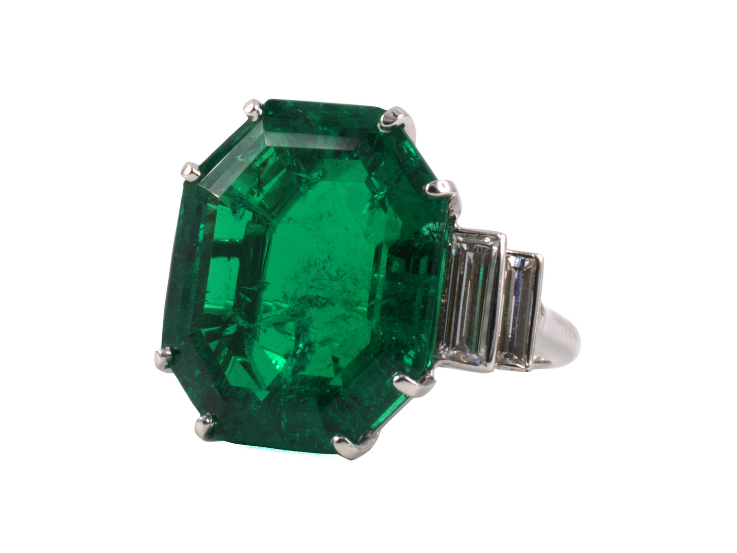93549 - Art Deco Platinum AGL Colombian Emerald Diamond Ring