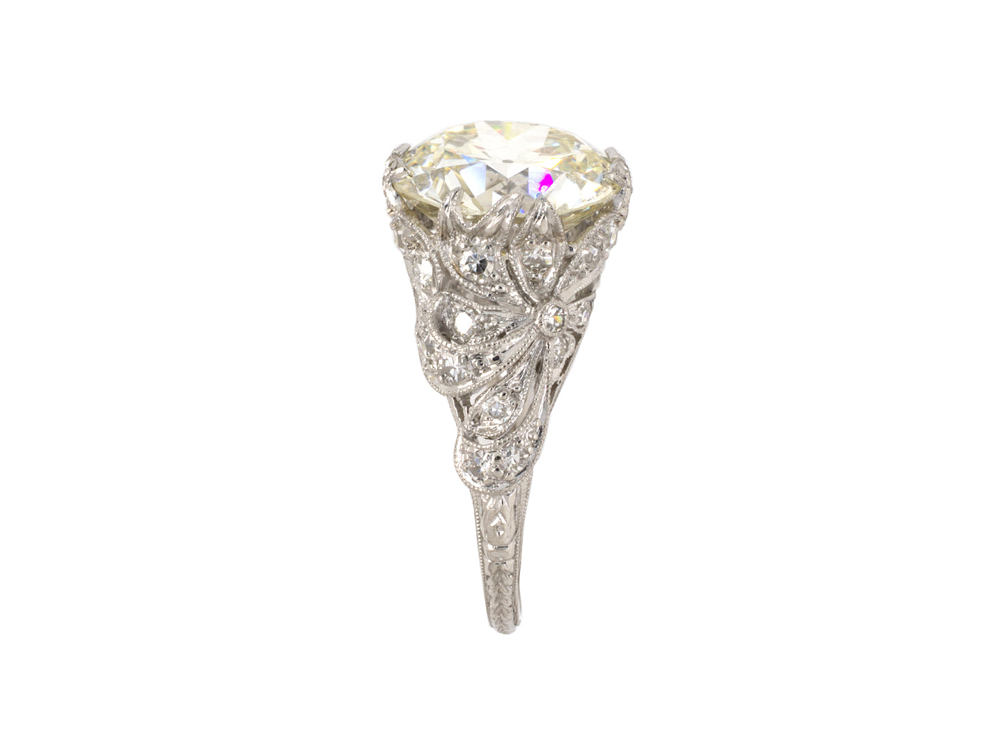 95007 - Art Deco Platinum GIA Diamond Filigree Ribbon Bow Design Engagement Ring
