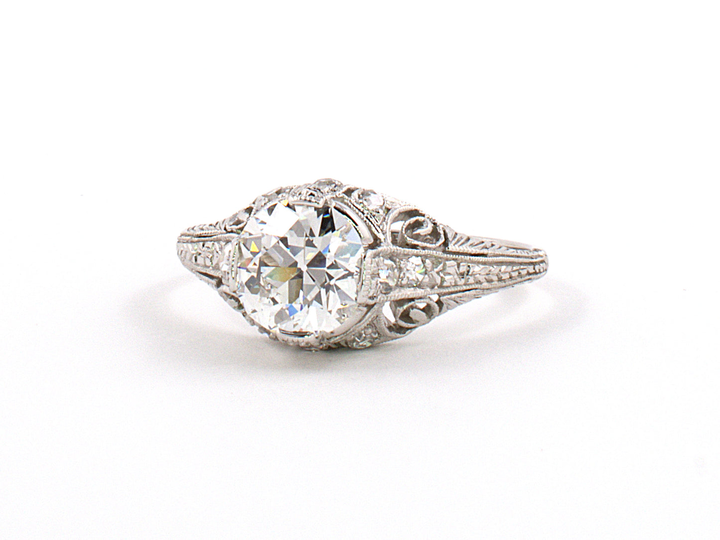95291 - SOLD - Platinum Diamond Filigree Chased Edwardian Engagement Ring,  1 Old European Cut Dia 1.10 Cts Gia (g-flaw), 11 Diamonds Est 1.30
