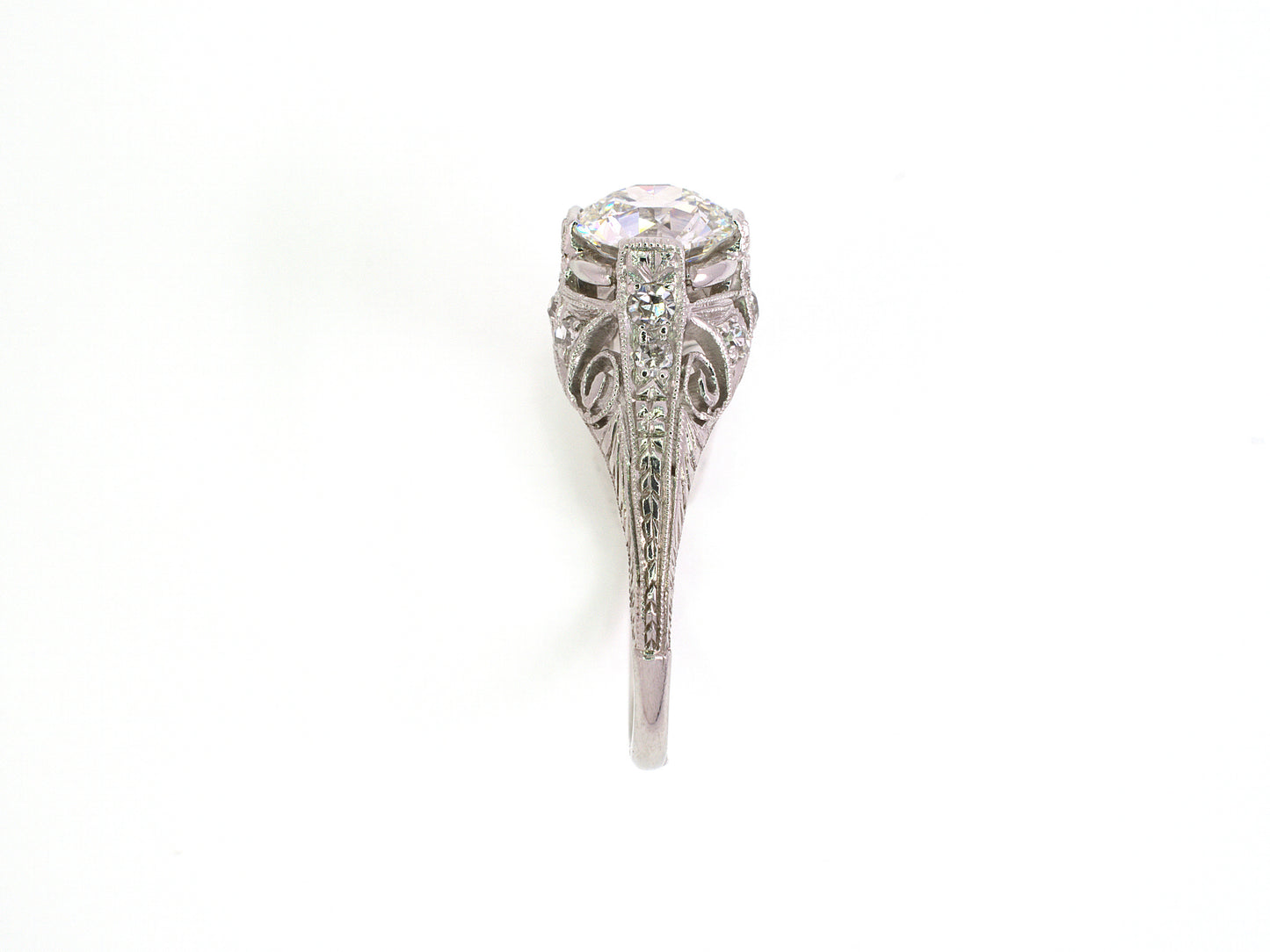 95291 - SOLD - Platinum Diamond Filigree Chased Edwardian Engagement Ring,  1 Old European Cut Dia 1.10 Cts Gia (g-flaw), 11 Diamonds Est 1.30
