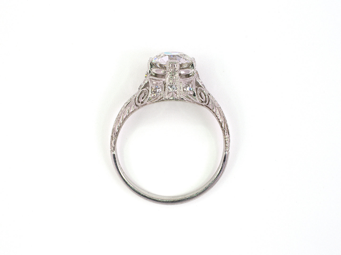 95291 - SOLD - Platinum Diamond Filigree Chased Edwardian Engagement Ring,  1 Old European Cut Dia 1.10 Cts Gia (g-flaw), 11 Diamonds Est 1.30
