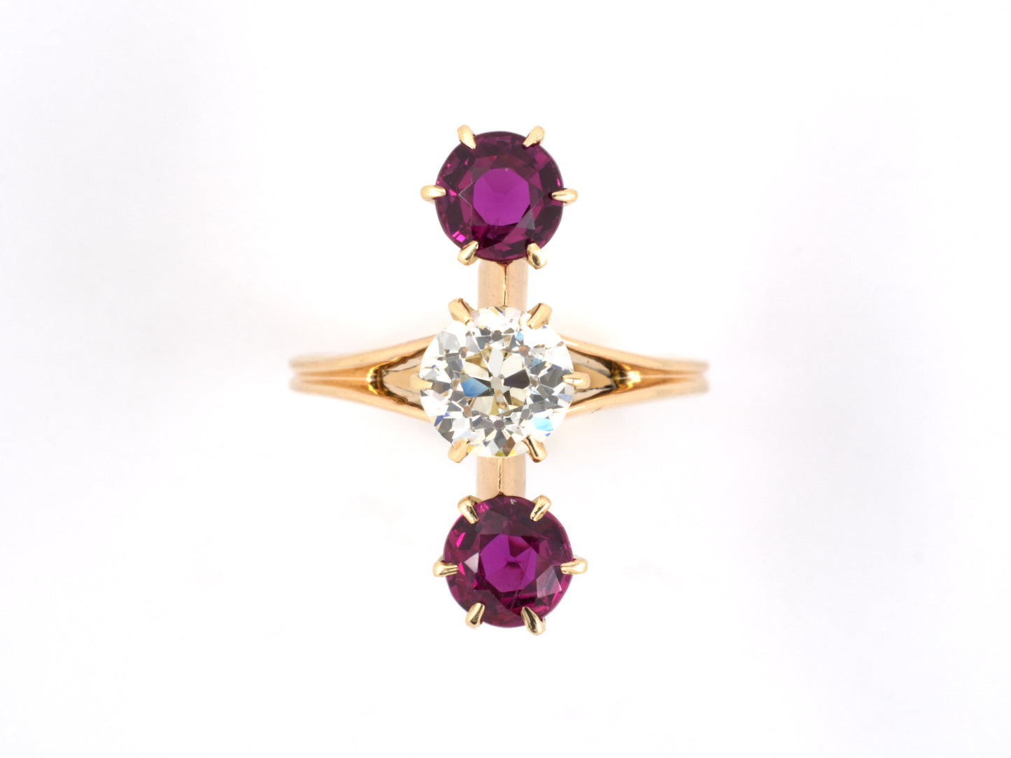 95964 - Victorian Gold Diamond Ruby 3 Stone Dinner Ring