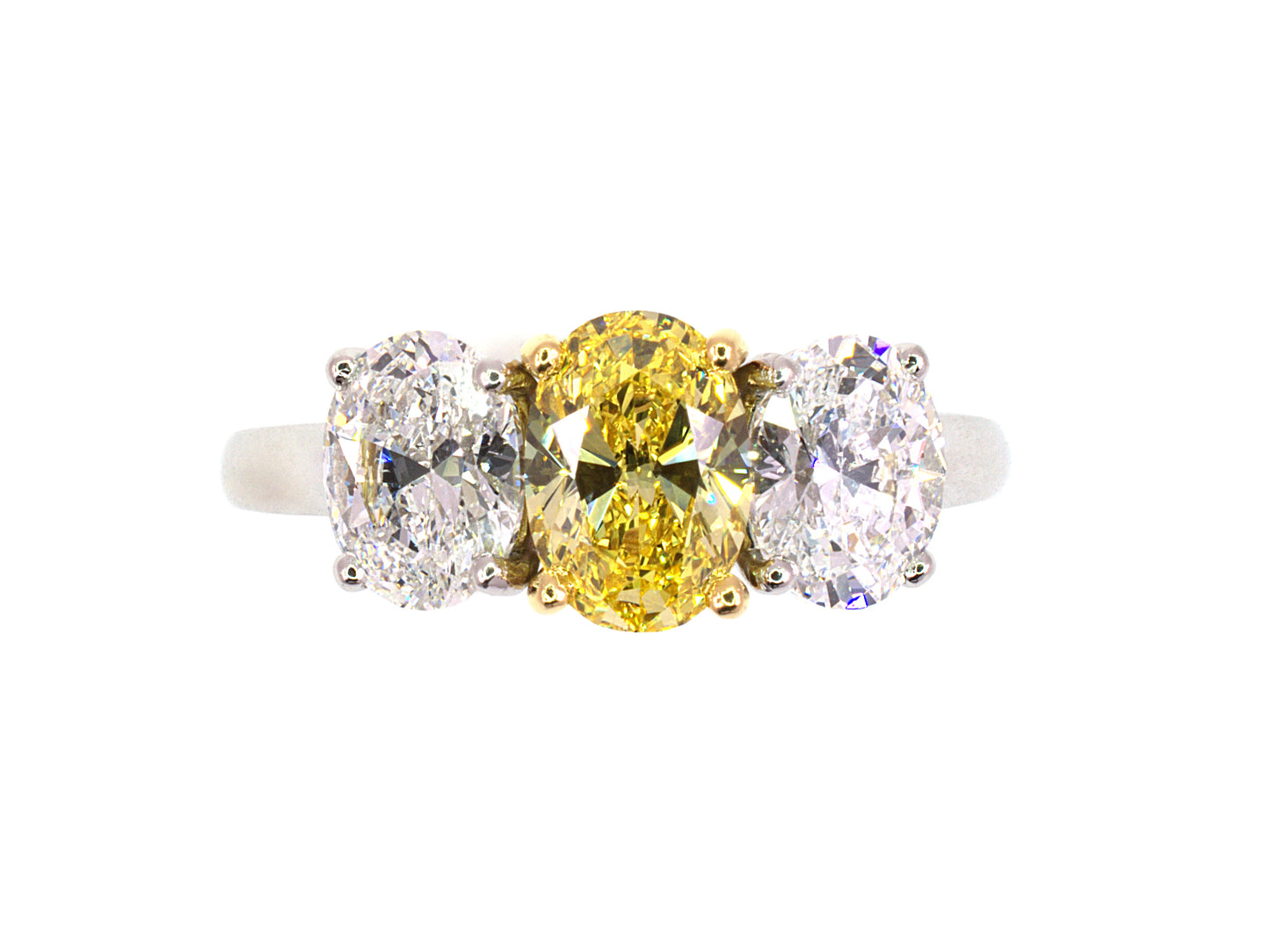 97115 - Platinum Gold GIA Oval Diamond Fancy Vivid Yellow 3-Stone Ring
