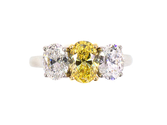 97115 - Platinum Gold GIA Oval Diamond Fancy Vivid Yellow 3-Stone Ring