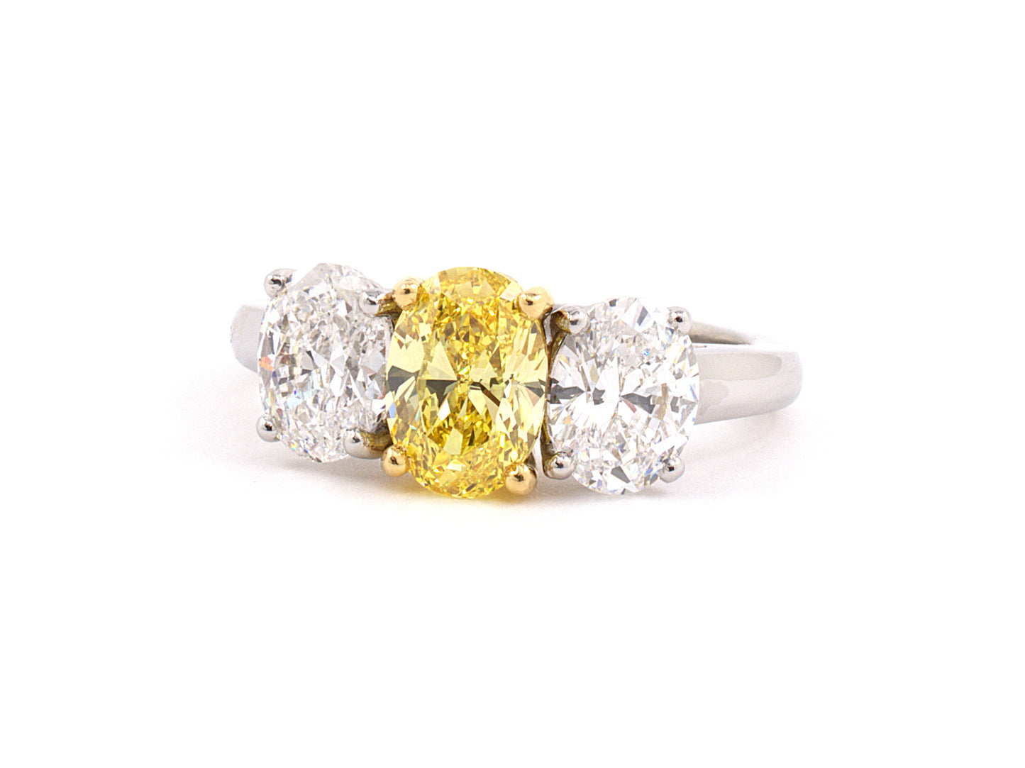97115 - Platinum Gold GIA Oval Diamond Fancy Vivid Yellow 3-Stone Ring