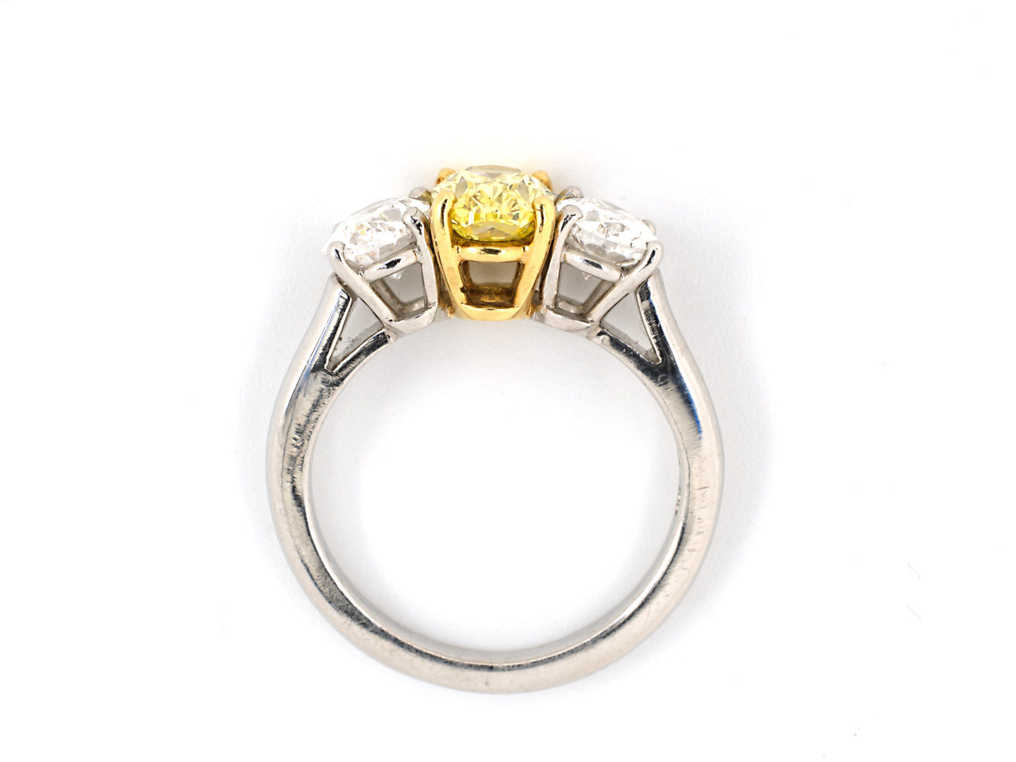97115 - Platinum Gold GIA Oval Diamond Fancy Vivid Yellow 3-Stone Ring