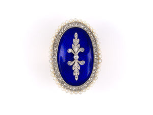 97213 - Victorian/Circa 1950 Silver Platinum Gold Enamel Diamond Pearl Oval Dinner Ring