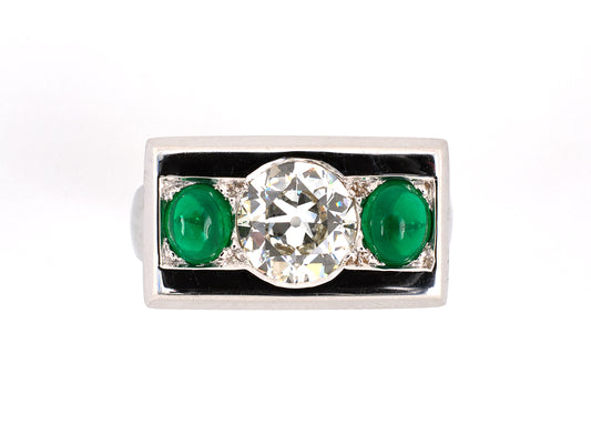 97381 - Retro Gold Dia Emerald Austrian 3-Stone Ring