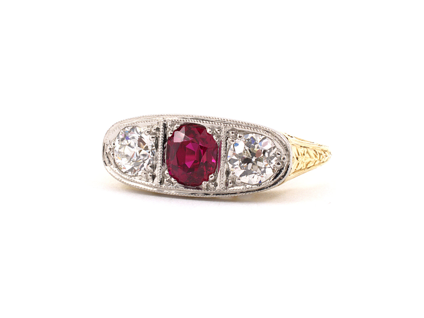 97770 - SOLD - Circa 1915 Gold Platinum Ruby Diamond Ring
