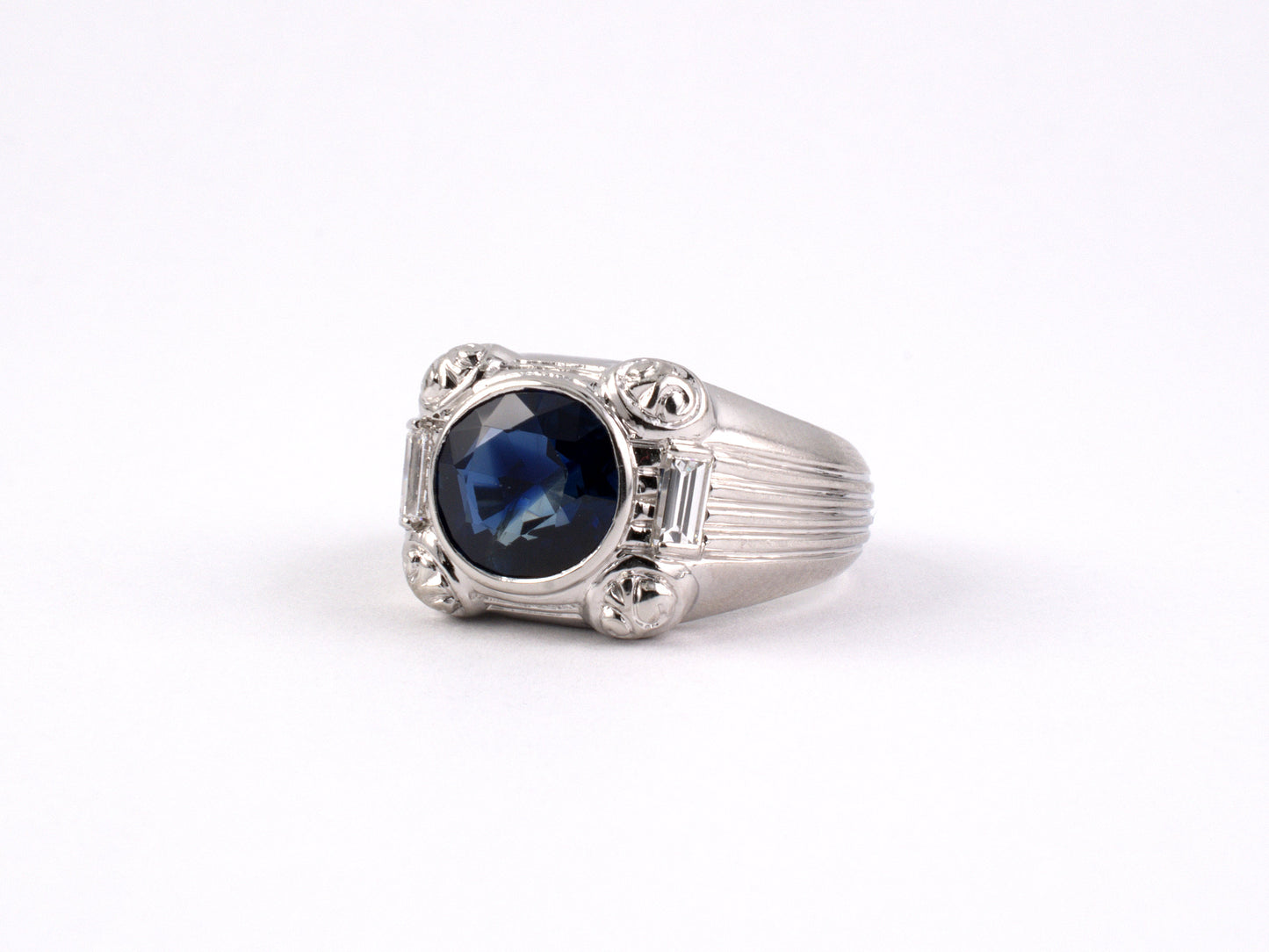 98929 - SOLD - Art Deco Platinum AGL Sapphire Diamond Gents Ring