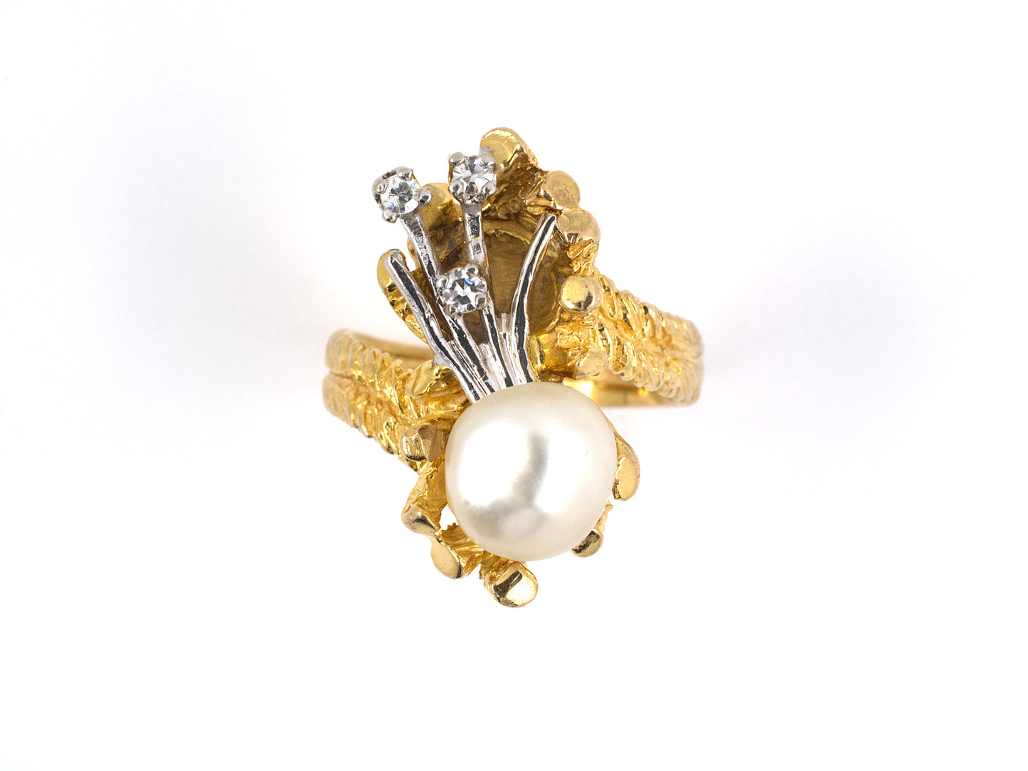 99274 - Circa 1960s Gold Pearl Diamond Flower Hand Twist Ring